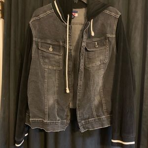 Denim and crushed velvet varsity jacket